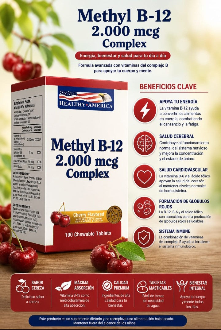 Methyl B-12 2.000 mcg Complex – Healthy America (100 Tabletas Masticables)