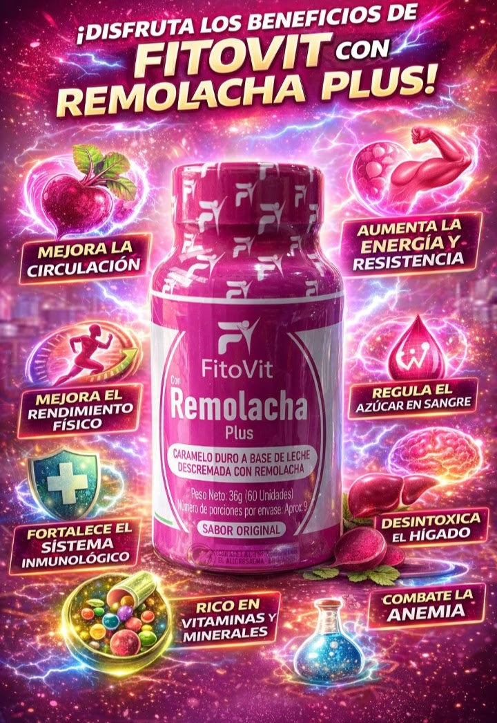 Lleva tu Vitalidad al Máximo Nivel con FitoVit Remolacha Plus El poder natural de la remolacha en un delicioso caramelo funcional diseñado para transformar tu rendimiento y bienestar diario.